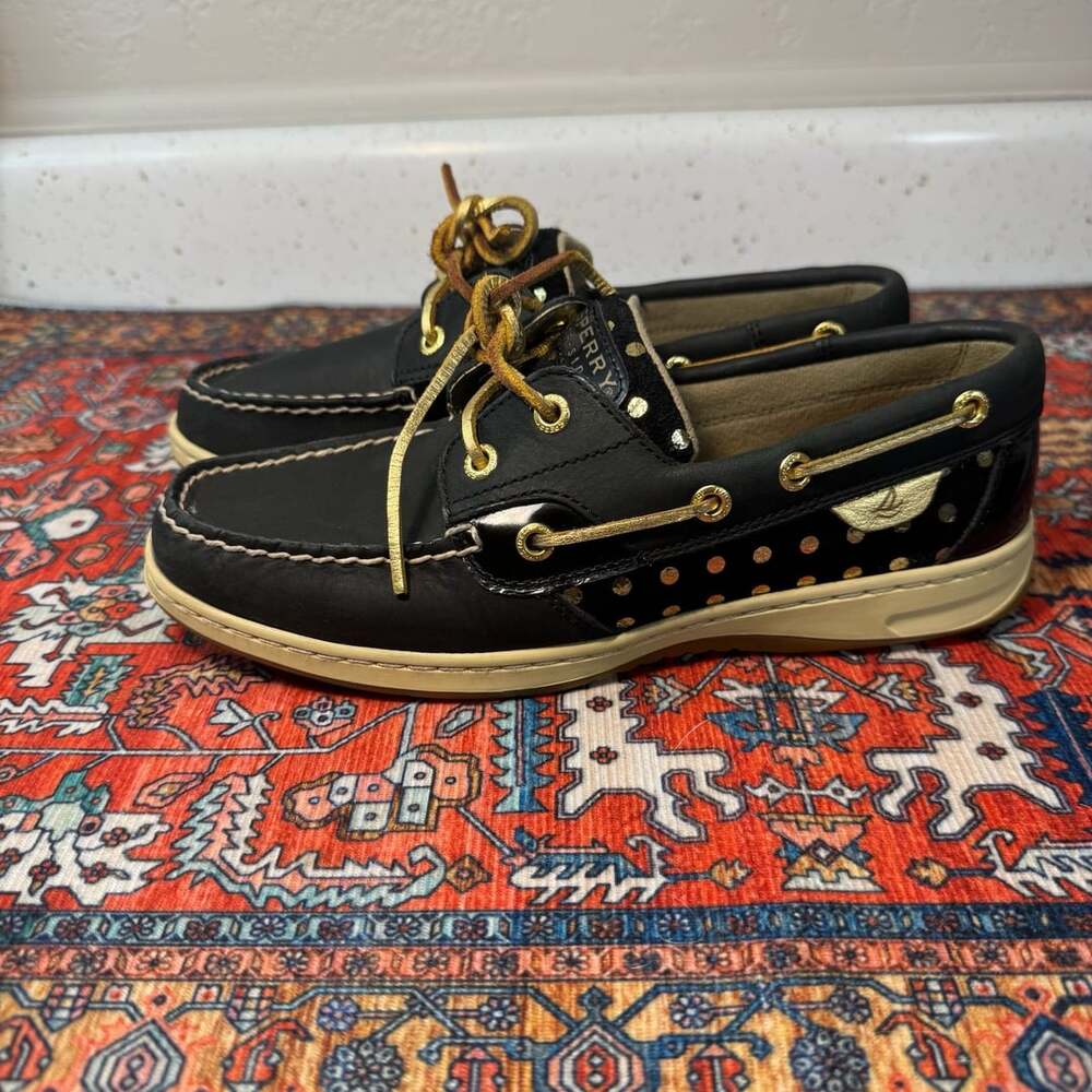 Sperry Top-Sider Women’s 7.5 Black Gold Leather Boat Shoes Polka Dot Metallic
